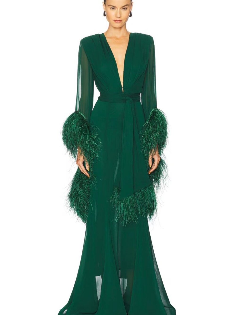 Bronx & Banco Geisha V-Neck Gown Green Feather Cuffs – Worn Once Like New! M - Picture 5 of 6